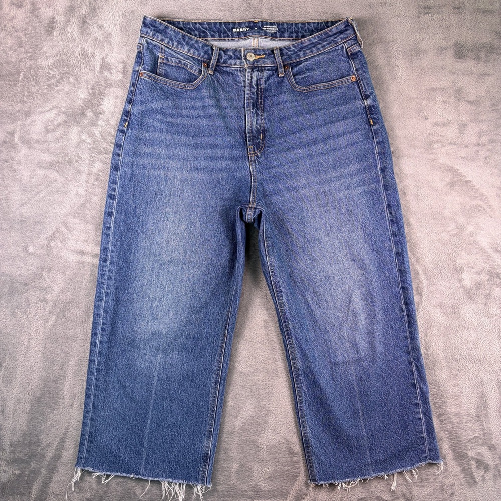 Old Navy Sky-Hi Wide Leg Jeans Women's 12 Blue Extra High Rise Raw Hem Cropped
